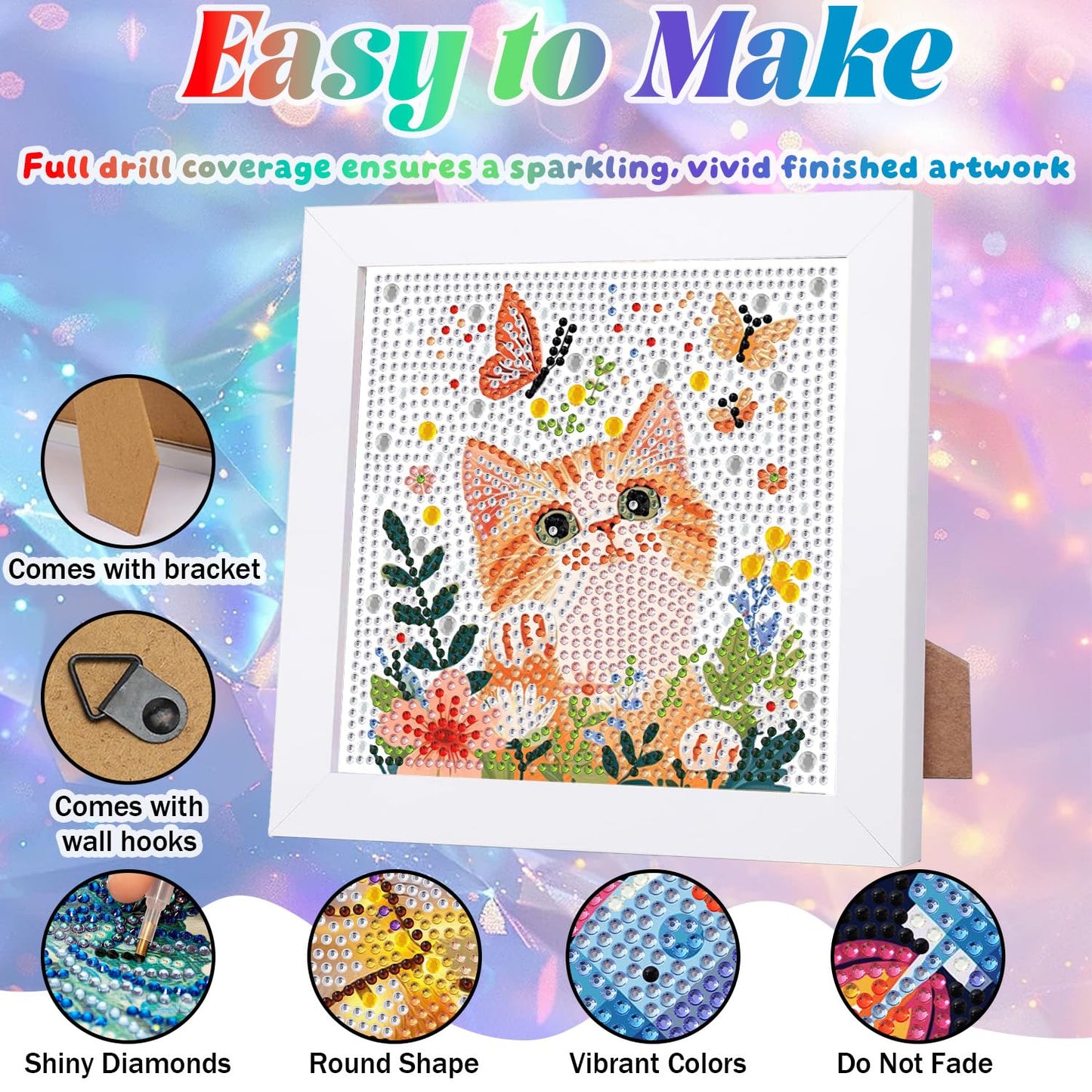 WEMEON Cat Diamond Art Painting Kits for Kids with Frame, Diamond Art for Kids Ages 4-8-12, Package for Gift and Home Wall Decor(7x7inch)