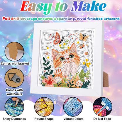 WEMEON Cat Diamond Art Painting Kits for Kids with Frame, Diamond Art for Kids Ages 4-8-12, Package for Gift and Home Wall Decor(7x7inch)