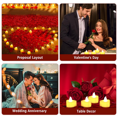 FloraSea 6000 PCS Artificial Rose Petals with 72 PCS Flameless LED Tea Lights Candles Decoration for Special and Romantic Night, Wedding Anniversary, Event, Party Decoration