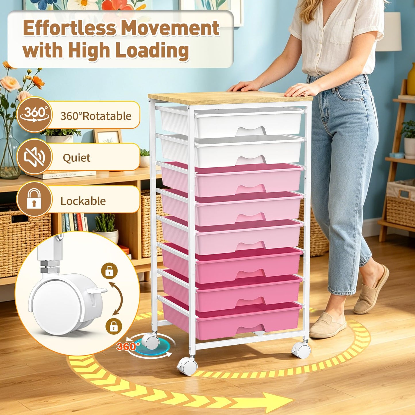 SUNALLY Rolling Storage Utility Cart with 8 Drawers, Storage Drawer Cart with Wooden Tabletop and 2 Lockable Wheels, 8 Tier Rolling Cart for Craft Art Supply Storage & Home Office Organization, Pink