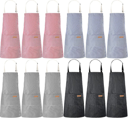 12 Handepo Pcs Cotton Aprons for Women Men with Pockets Soft Adjustable Bib Stripe Aprons for Cooking Kitchen Chef