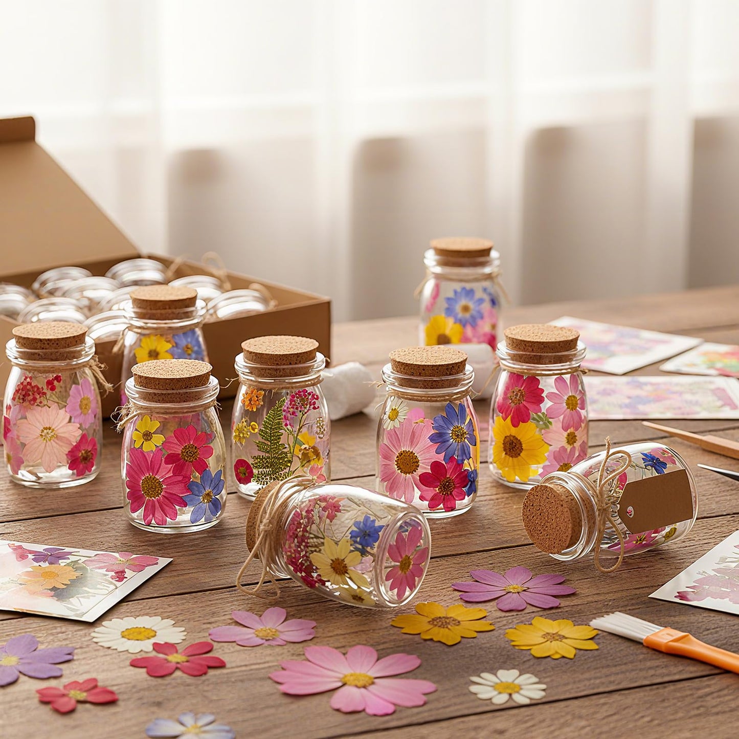Mimorou 162 Pcs DIY Dried Pressed Flowers Mason Jar with Cork Lids Set 140 Natural Real Pressed Flowers 20 Small Glass Favor Jars 3.5 oz Making Favor for Wedding DIY Candle Craft