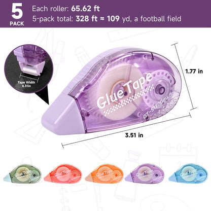 DEYUANCH 65.62 ft Extra-Long Glue Tape, 0.31 in Wide Scrapbook Tape, 5-Pack, Photo-Safe Acid-Free Double Sided Tape for Crafts, Scrapbook and Junk Journal Supplies (Multicolor)