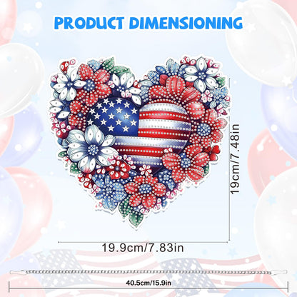 Bowetile 5D Patriotic Diamond Art Hanging Kits for Adults, Diamond Painting Heart Shape Flowers Pendant Kits, Special Shape USA Flag Gem Art Suncatcher Ornament for Home Window Wall Decor