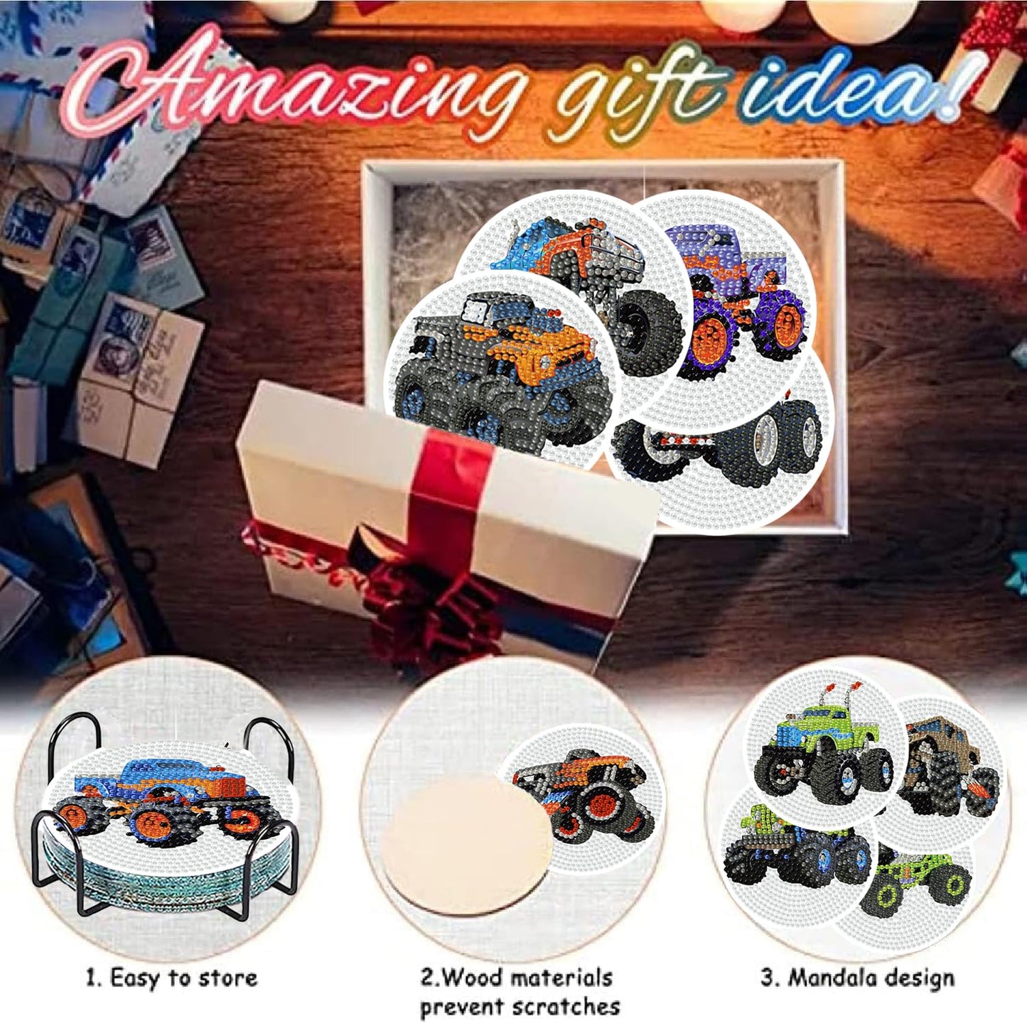 Trucks Diamond Art Painting Coaster Kit, 12 Pcs DIY Crafts Kit with Holder, Non Slip Coaster Art Supplies Full Drill Crafts for Gem Art Dot Art for Adults, Home Wall Decor for Teens Boys Girls