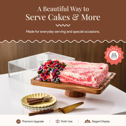 HOMESPHERE Acacia Wood Cake Stand with Lid - Rectangular Cake Holder, 2-in-1 Dessert Table Display Set & Charcuterie Board for Cheese, Chips, Fruit Platter, Large Acrylic Cake Dome Cover, No Glass