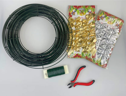 14 Pieces Christmas Wire Wreath Frame(16Inch), ENLAYER Metal Frame Dark Green Round Wreath with 12 Golden Bow Tie,12 Silver Bow Tie,1 Wire Pliers and 115FT 22 Gauge Paddle Wire for Crafts