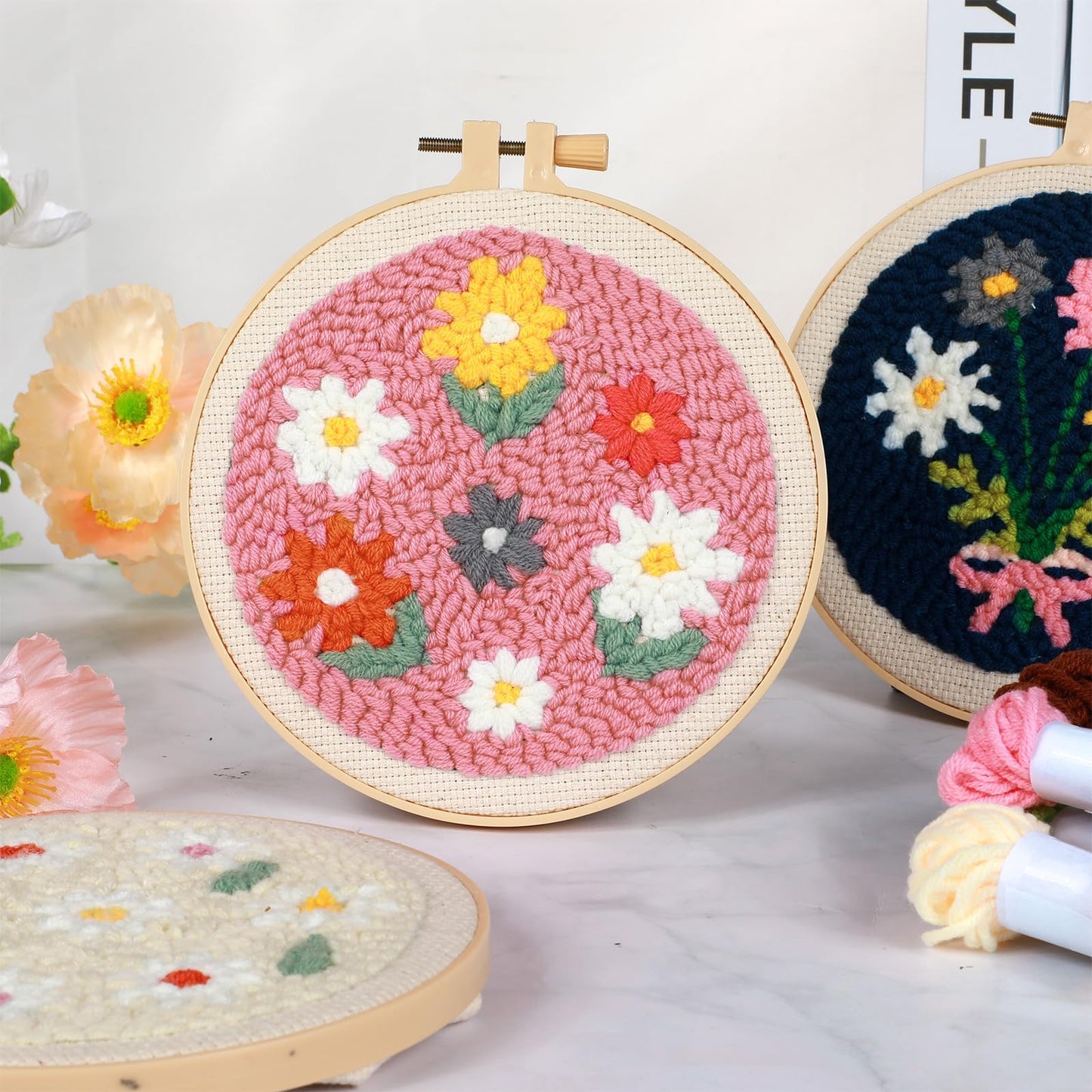ojustbeok 3 Set Punch Needle Embroidery Starter Kits Includes Punch Needle Fabric with Daisy Pattern, Yarns, Embroidery Hoops, Sewing Needles, Instruction for Adults Beginner DIY Handmade Crafts Gifts
