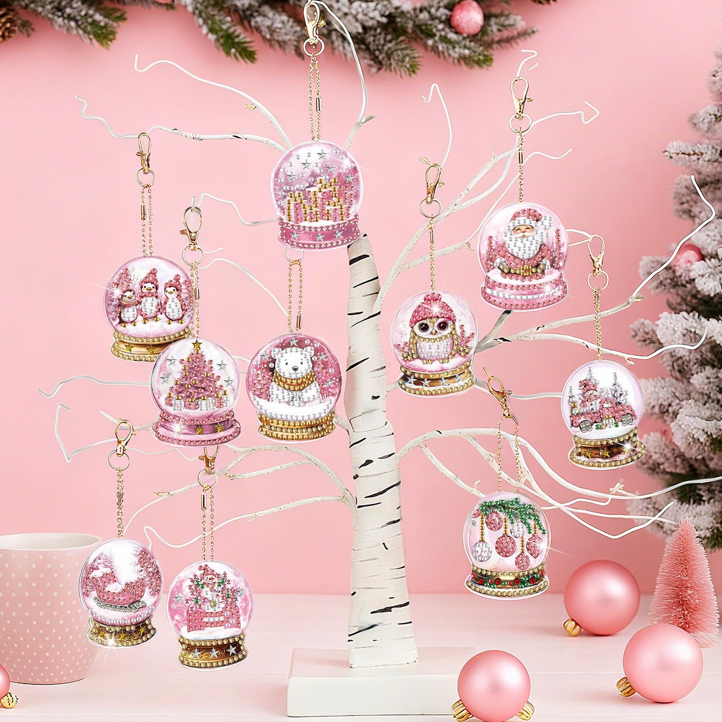 WILLBOND 30 Pcs Pink Crystal Ball Diamond Art Kits for Adults Pink Snowflake Gnome Diamond Painting Ornaments DIY Double Sided Keychain Kits Christmas Winter Key Ring Art Pendant Xmas Tree Decor