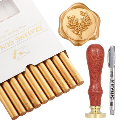 Yoption Wax Seal Kit, Eucalyptus Wax Seal Stamp, 10pcs Light Gold Glue Gun Sealing Wax Sticks and 1 Pen for Christmas Cards, Wedding, Gift, Wine Packages