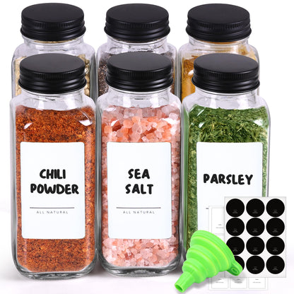 ComSaf 6Pcs 4oz Glass Spice Jars with Shaker Lids, 21 Labels, Spice Jars Trial Set & Supplement Set, Empty Spice Containers and Square Spice Bottles for Kitchen and Seasoning
