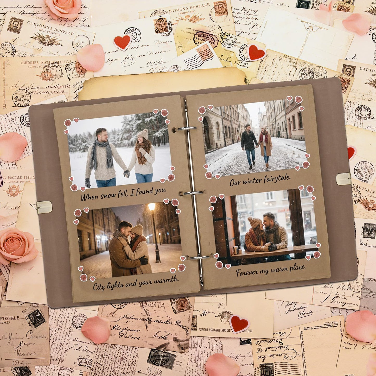 Vienrose Photo Album Scrapbook Kit, 3 Ring Faux Leather Cover DIY Memory Book Kraft Paper with 30 Sheets 60 Pages, Vintage Scrapbooking Supplies Set for Wedding, Anniversary, Valentine Gifts, Brown