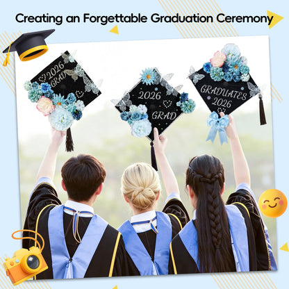 2026 Graduation Cap Decorations Kit,56 Pcs DIY Grad Cap Topper Decor Set with Artificial Flowers Bow 3D Butterflies Adhesive Glitter Letter Number Stickers Rhinestones for Graduation Decor