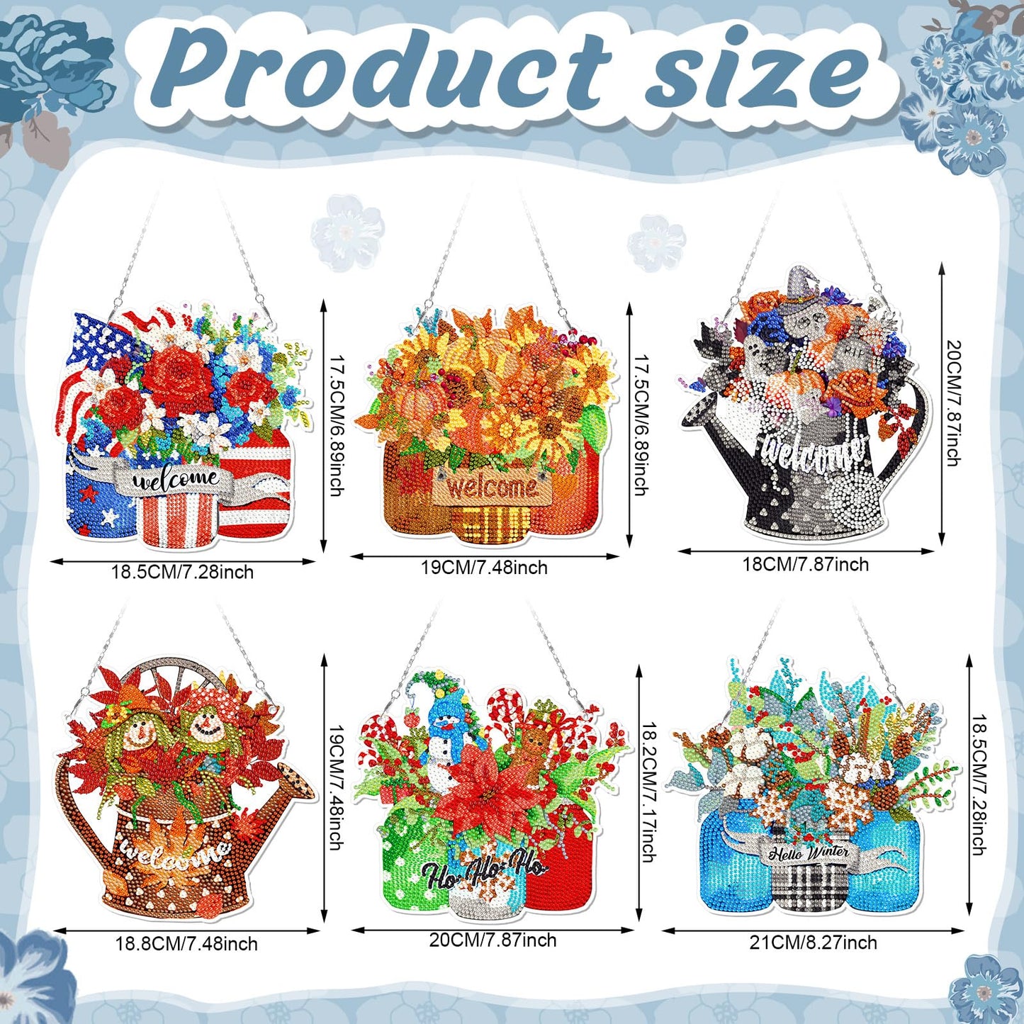 Chitidr 6 Pcs Seasonal Diamond Art Kits Diamond Art Flower Hanging Signs Diamond Art Kits for Adults Diamond Art Ornaments Winter Christmas Diamond Kits for Summer Fall Wall Door Decoration