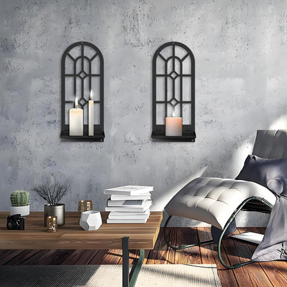 Black Metal Wall Art Holder Set of 2,Rustic Farmhouse Home Wall Decor,Bohemian Line Candle Holder for Living Room Bathroom Fireplace Housewarming Gift (16.5 x 7inches)