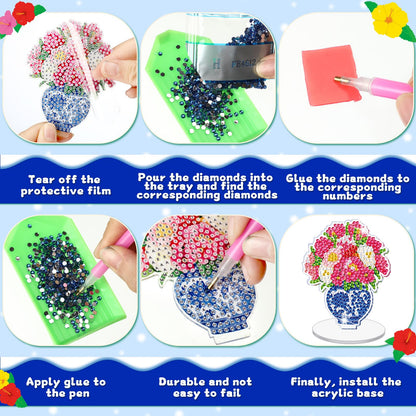 Kosiz 9 Pcs Spring Diamond Painting Tabletop Decoration, Double-sided Acrylic Chinoiserie Porcelain Diamond Art Kit for Adult, DIY 5D Rhinestone Blue White Flower Centerpiece for Table Home Desk Decor
