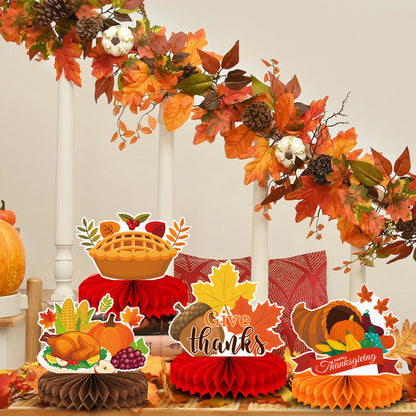 9 Pieces Thanksgiving Honeycomb Centerpieces Table Decor, Turkey Pumpkin Cornucopia Harvest Fall Party Table Topper Ornaments Signs, Fun Autumn Holiday Decorations