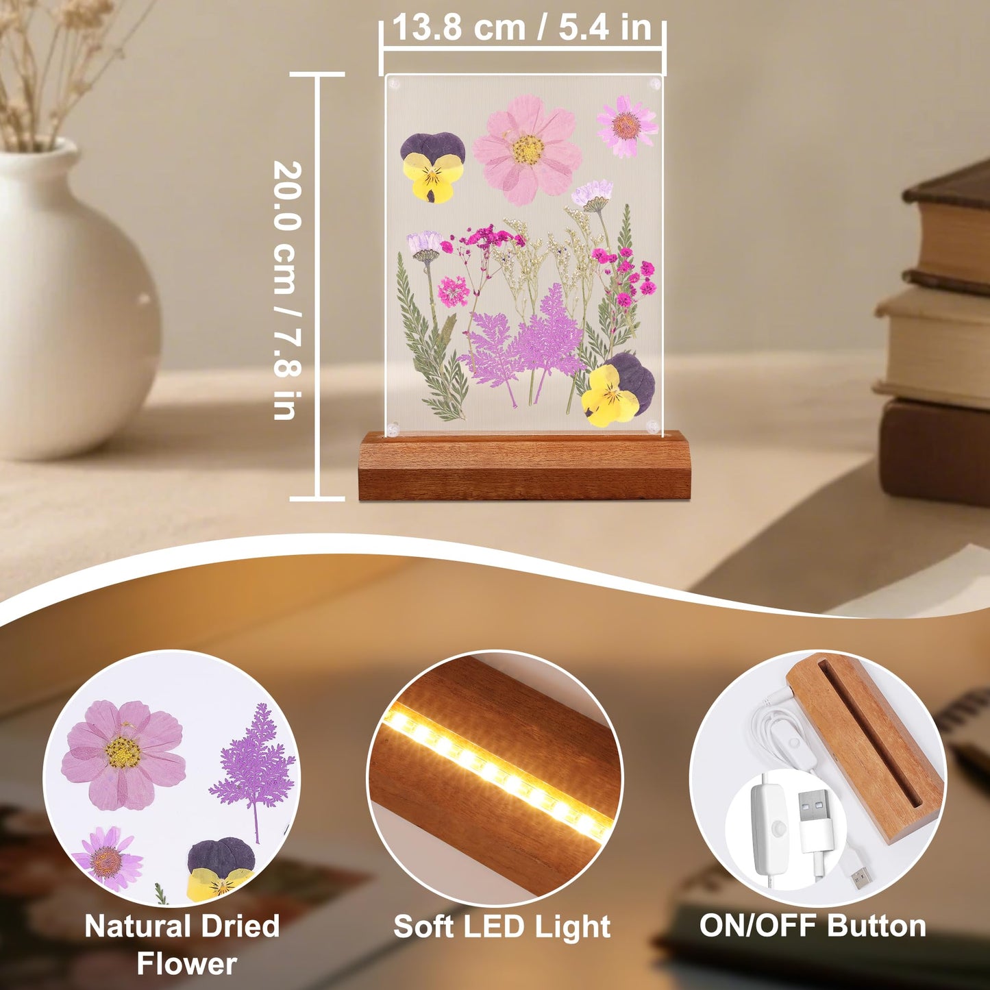 Okayera Dry Flower Frame Night Light, Bedroom DIY Pressed Flowers Kits Lamp With Sapele Wood Base, Home Living Room Decoration Gifts Idea For Mother Friend Lover