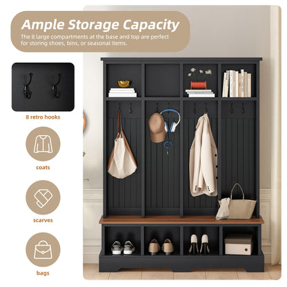 WZONICE98 76.7" Hall Tree with 8 Hooks, Farmhouse Entryway Bench with Shoe Storage Compartments, 3-in-1 Coat and Shoe Rack for Mudroom, Living Room, Black