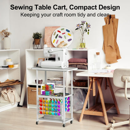 Rolling Craft Table with 56 Spools Thread Holder, 3 Storage Shelves, Portable Sewing Cabinet for Embroidery Machine, Craft Cart Organizer, White