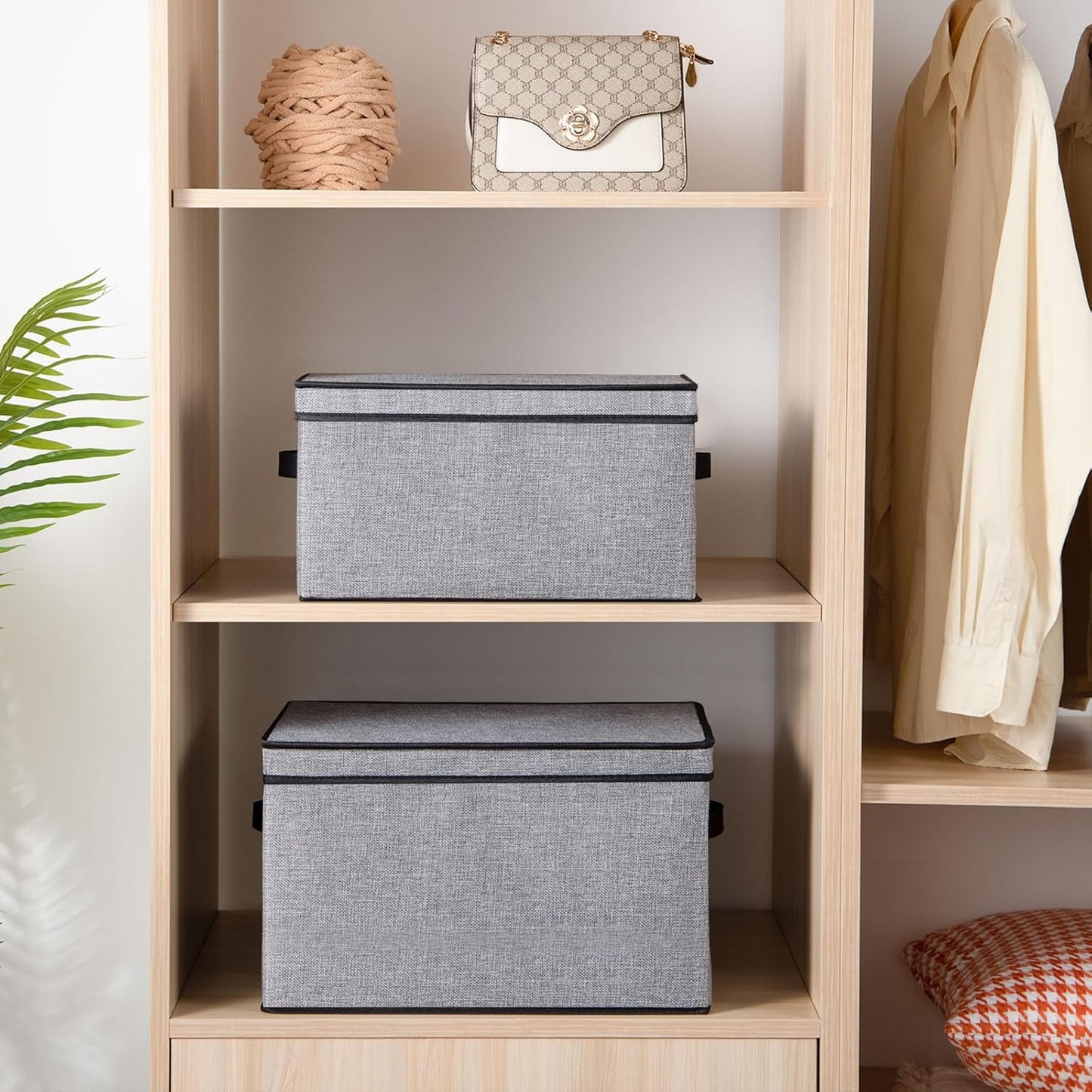 Fabric Storage Boxes, 16.5 x 11.8 x 10.2 Inch with Lids, Decorative Linen Closet Organizers, Large, Gray