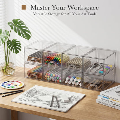 Zeawec 8 Pack Small Clear Stackable Acrylic Storage Boxes for Art Tool & Sketch, Storage Drawers, Storage Organizer, Clear Plastic Makeup Organizer, Ideal for Vanity, Cabinet, Desk Organization