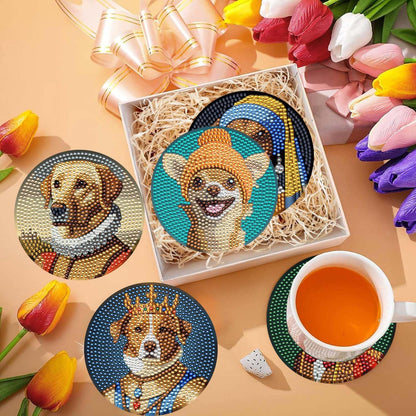 6 Pcs 5D DIY Dogs Diamond Paintings Coasters with Holder for Adults Beginners, Round Full Drill Diamond Art Craft Supplies(Dogs QLBD-09)
