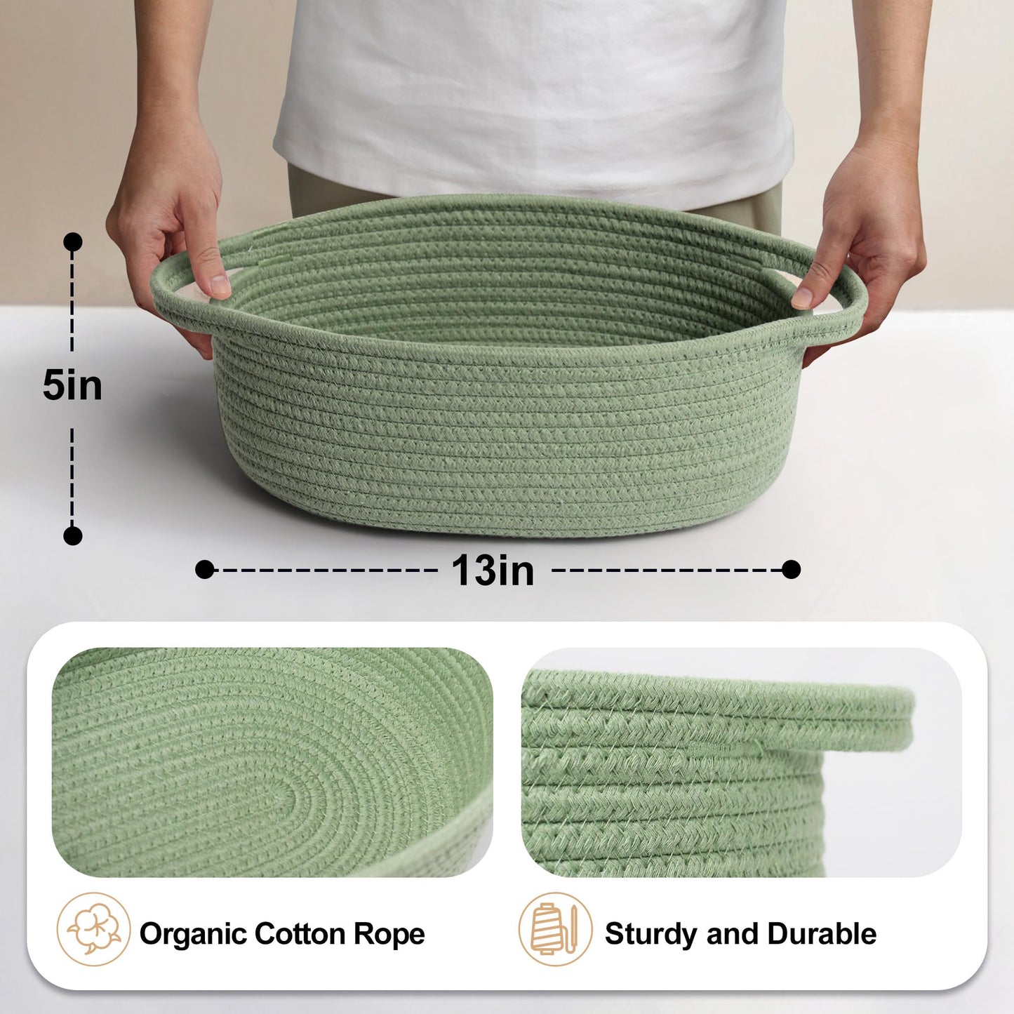 MEGASKET Green Woven Basket, 13" x 9" x 5" Baskets for Gifts Empty, Cute Cotton Rope Cat Dog Toy Bin Box, Small Woven Bin for Organizing, Green Room Decor, Nursery Baby Cloth Diaper Storage Organizer
