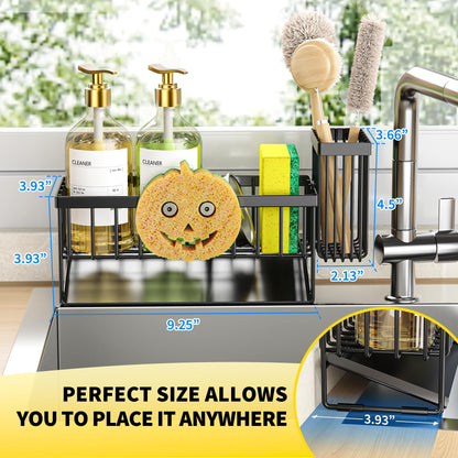 Cisily Kitchen Sink Caddy Organzier with High Brush Holder, Sponge Holder for Sink, 304 Rustproof Stainless, Kitchen Countertop Soap Dispenser Organizer (Black With Smiley Face Holder, 9.25″)