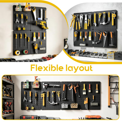 PHX Grove Peg Board for Tools, 4 Pack Metal Pegboard Wall Organizer with Hooks, 14.76"×10.82" Black Pegboard Panels for Walls Home, Garage Tool Storage, Kitchen, Office Organization, Craft Room