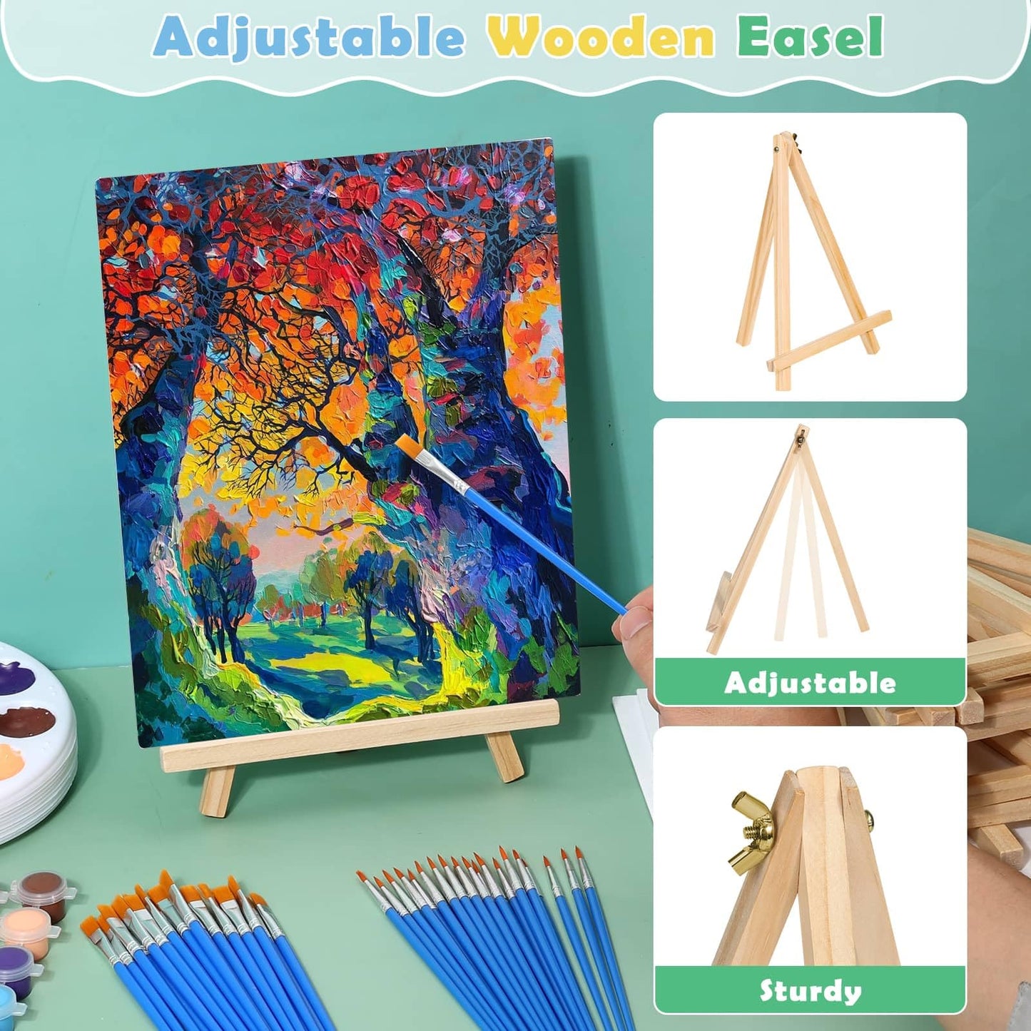 10Pack 8x10 Inch Canvas and Easel Set, Art Canvas Bulk with Easel Stands, 12 Colors Mini Acrylic Paint Set, Small Paint Brushes, Paint Trays, Sip and Paint Kit for Adults Couples Paint Party Supplies