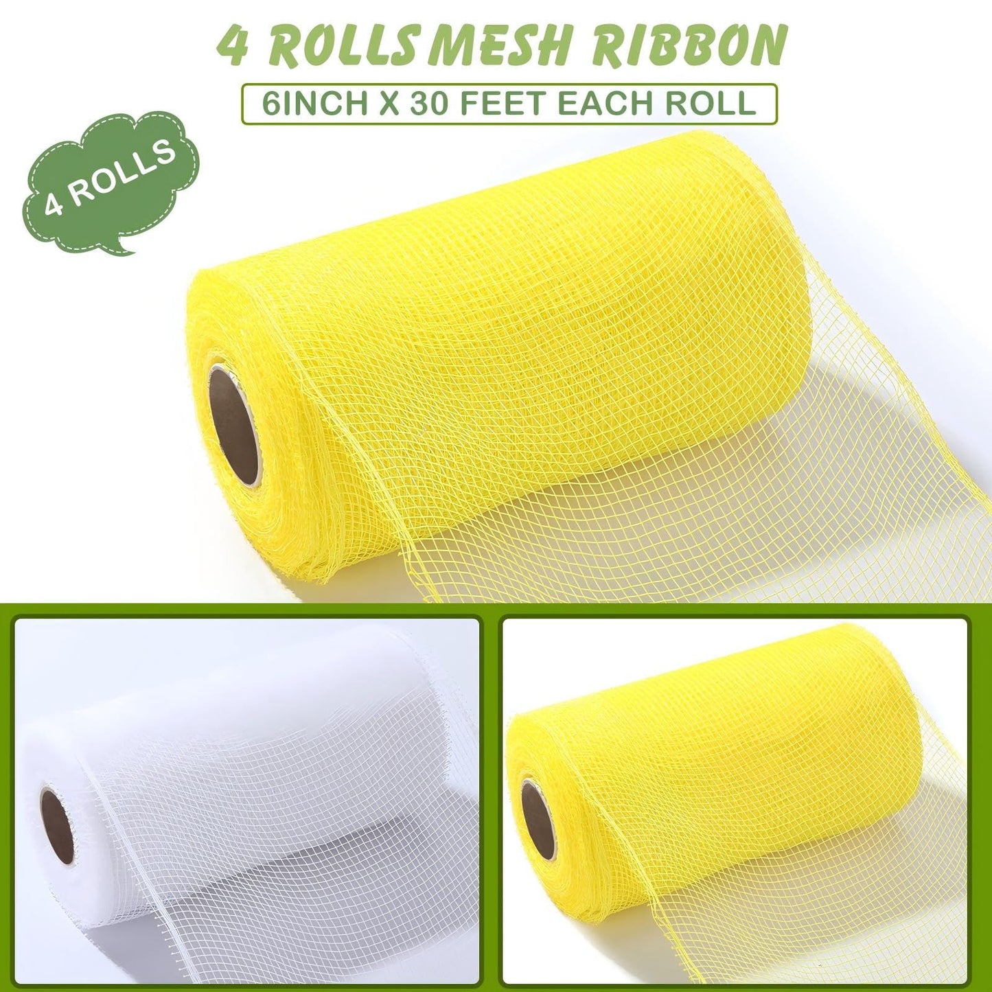Waydress 4 Rolls Easter Decor Mesh Ribbon Making Supplies Poly Mesh Ribbon for Halloween Craft Wreaths Decorating 30 Feet Each Roll(6 Inch Wide,Yellow, White)