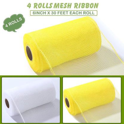 Waydress 4 Rolls Easter Decor Mesh Ribbon Making Supplies Poly Mesh Ribbon for Halloween Craft Wreaths Decorating 30 Feet Each Roll(6 Inch Wide,Yellow, White)