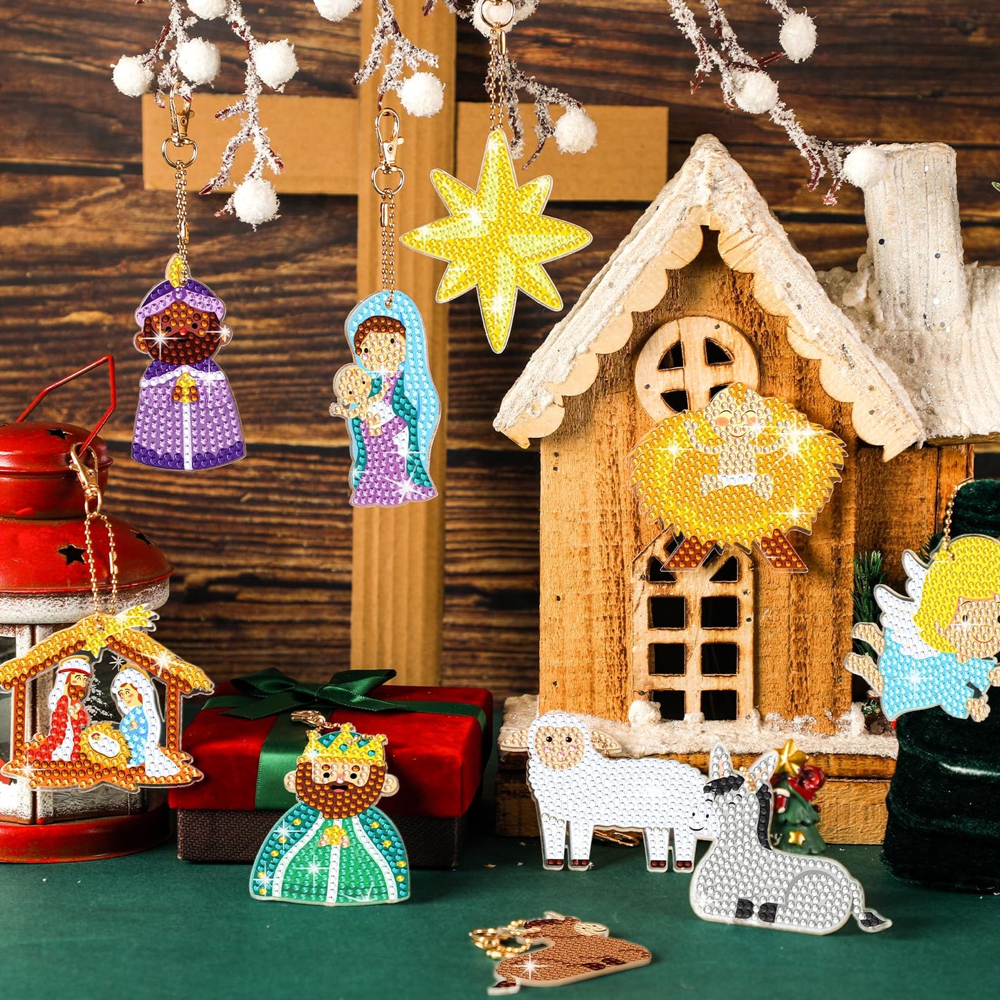 BBTO 15 Piece Christmas Diamond Art Keychains & Ornaments - Nativity Scene Kits for Xmas DIY Crafts