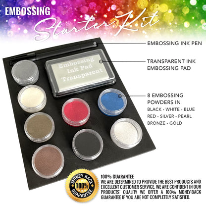 Embossing Kit with Heat Tool Bundle, Embossing Powders, Complete Embossing Starter Kit, Clear Embossing Pen, Embossing Ink Pad, 8X 10ml Embossing Powders for Crafts