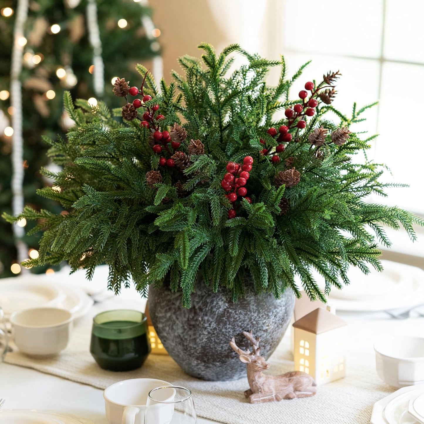 17 Branches,19 Inch HyeFlora PCS Christmas Norfolk Pine Stems with Small Pinecones and Red Berries Real Touch