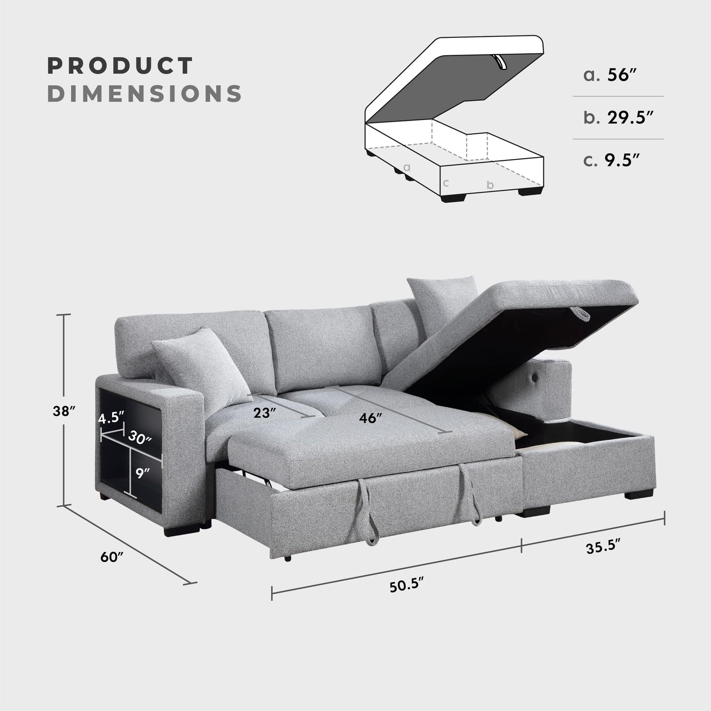 Lexicon 92.5" W L Shape Sectional Couch with Right Storage Chaise and Pull Out Sofa Bed, Sectional Sleeper Sofa with Memory Foam Seat Cushion, Charging Port, Storage Shelf for Living Room, Gray
