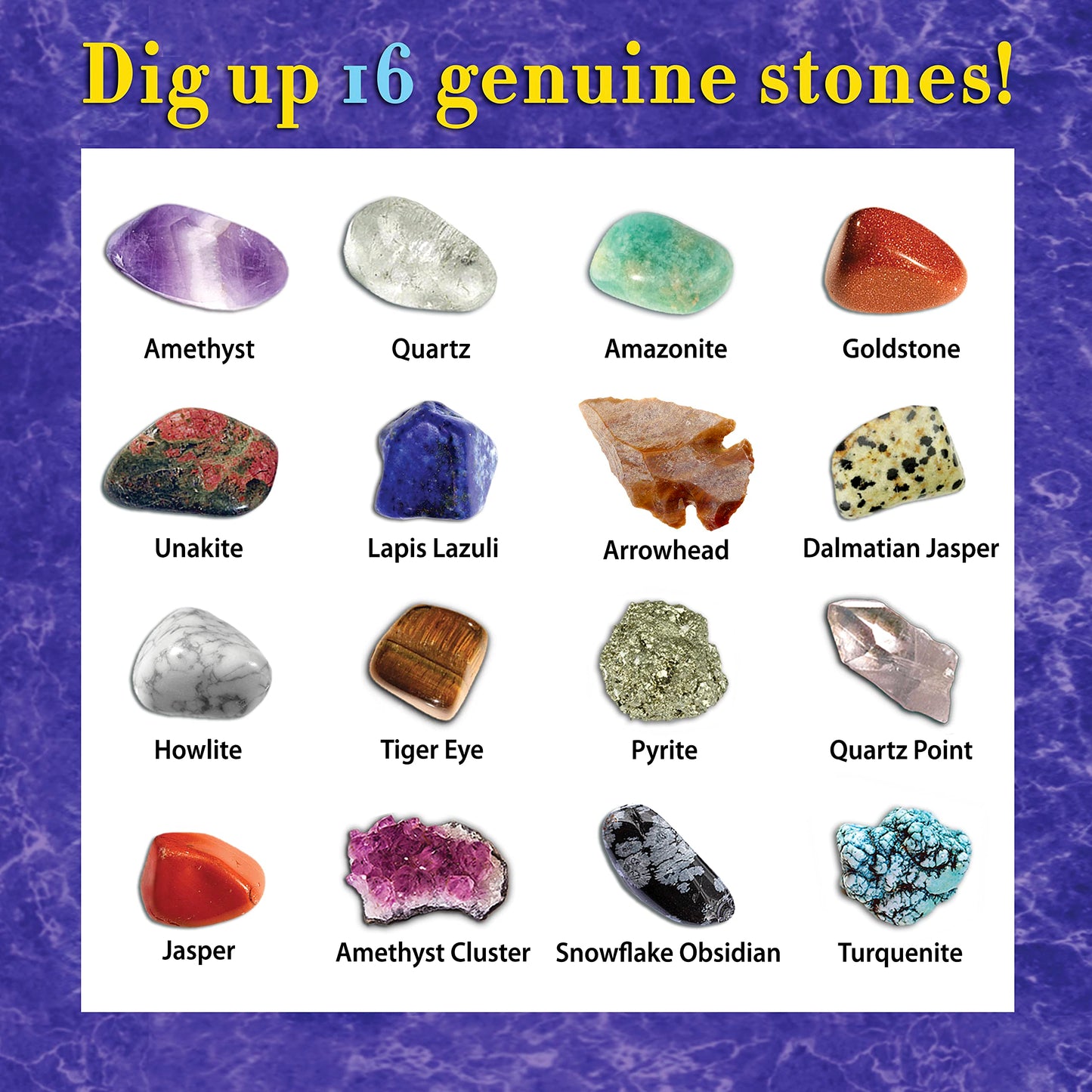 DANCING BEAR Gem stone Dig Kit, Excavate 16 Real Gems & Crystals including Arrowheads, Quartz Point and Amethyst, STEM Education for Kids, Fun Rock Mining Science Activity Gift Sets for Girls and Boys