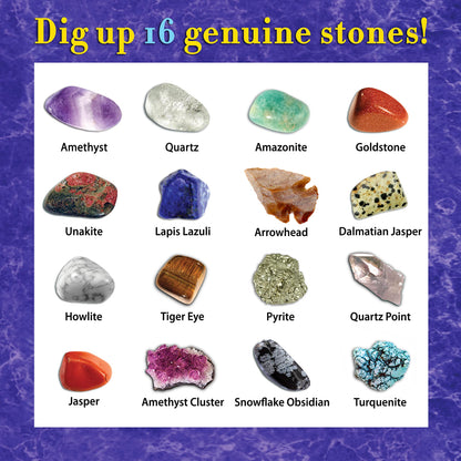 DANCING BEAR Gem stone Dig Kit, Excavate 16 Real Gems & Crystals including Arrowheads, Quartz Point and Amethyst, STEM Education for Kids, Fun Rock Mining Science Activity Gift Sets for Girls and Boys