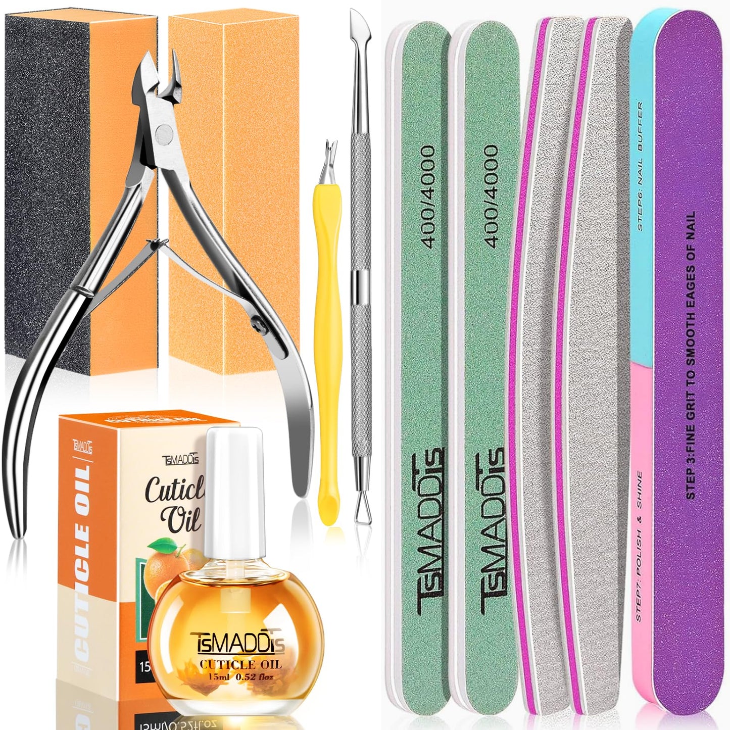 TsMADDTs Manicure Tools Kit Nail Care Kit with 3PCS Files, 2PCS Buffer Blocks, 2PCS Polishing Buffers, Cuticle Nipper, Pusher and Cuticle Oil