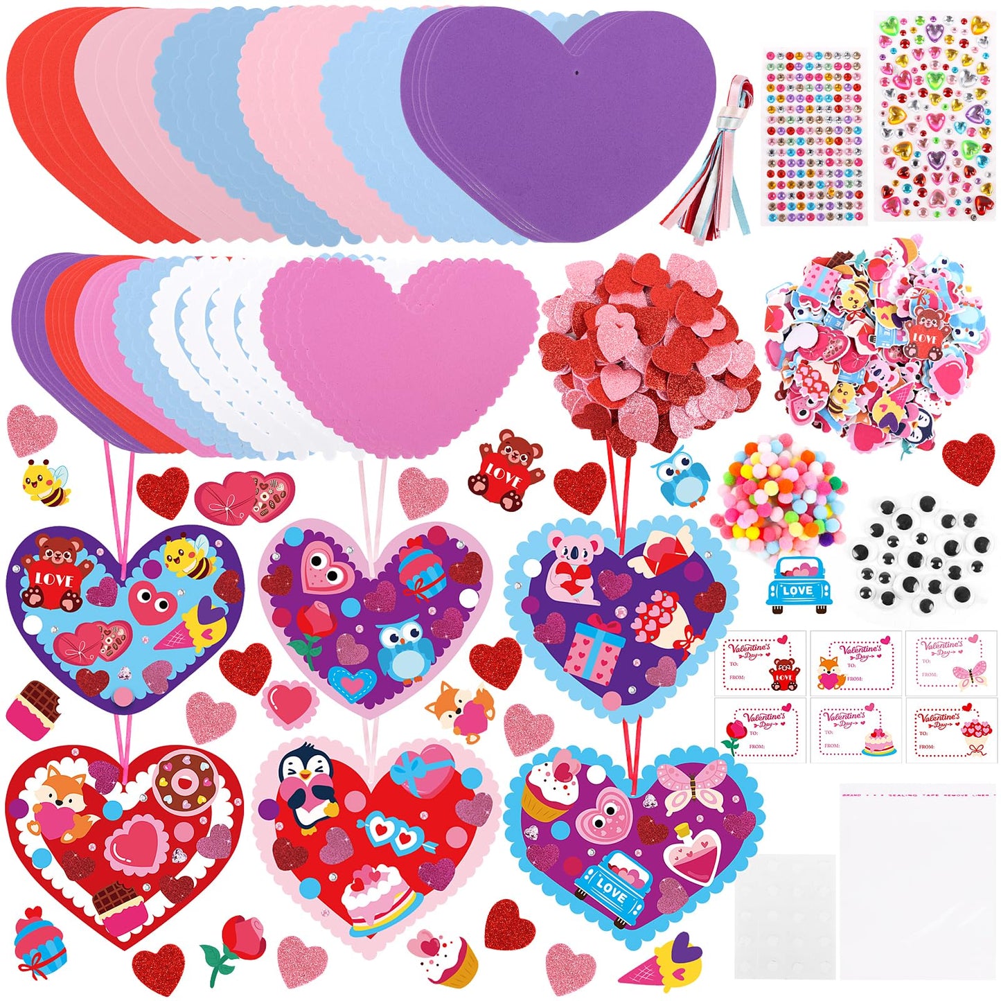 LOAVER 24 Sets Valentines Day Heart Ornaments Craft Kit,DIY Assorted Foam Heart with Shape Stickers Googly Eyes Rhinestones Bookmark for Valentines Day Presents Gift Exchange Craft Supplies