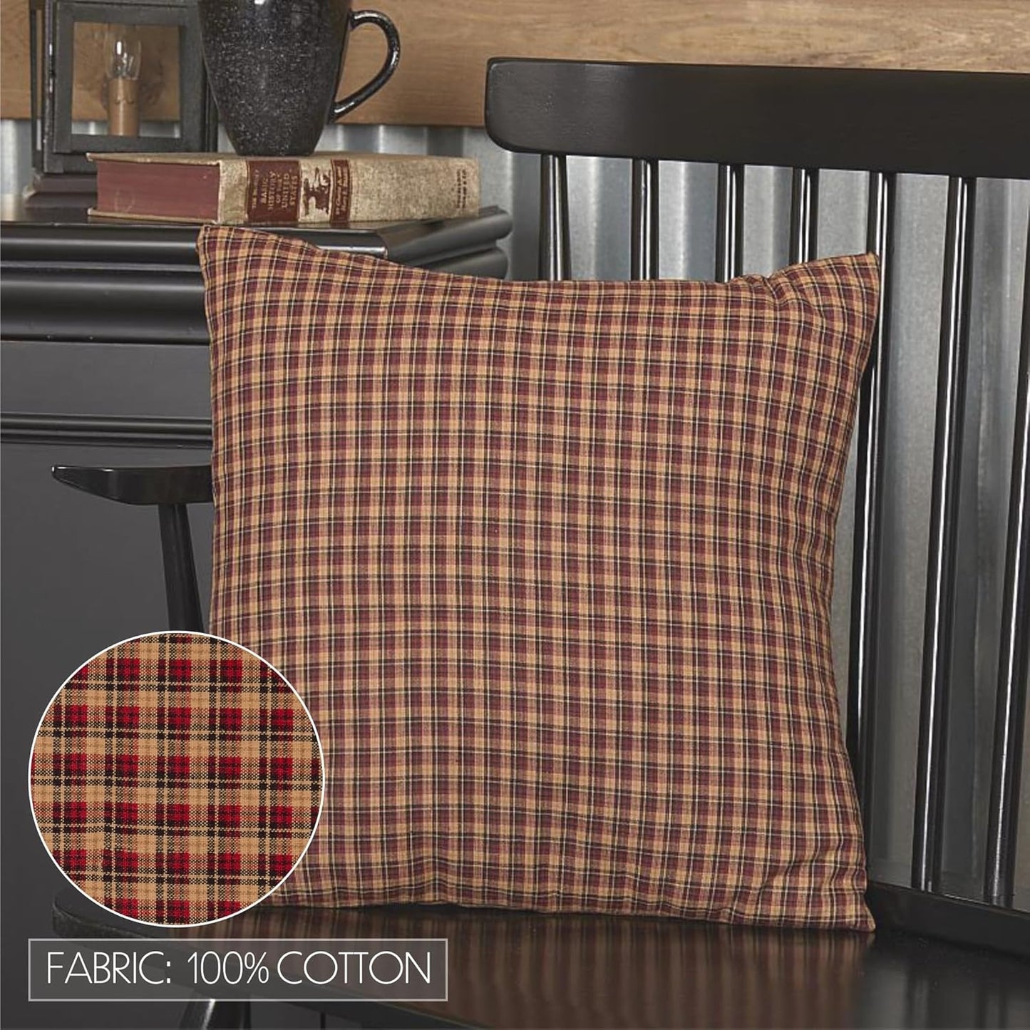 VHC Brands Patriotic Patch Plaid Cotton Bedding Square Pillow, 16x16 Filled, Deep Red, 1 Count