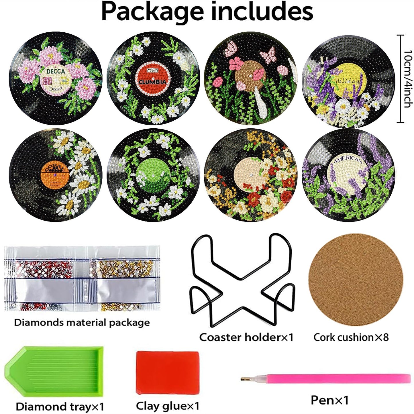 Yijingtop 8pcs CD Diamond Painting Coasters Kits with Holder,Flower Diamond Art Coasters, Crafts Kits for DIY Coasters Diamond Art Kits for Adults for Home Wall Decor