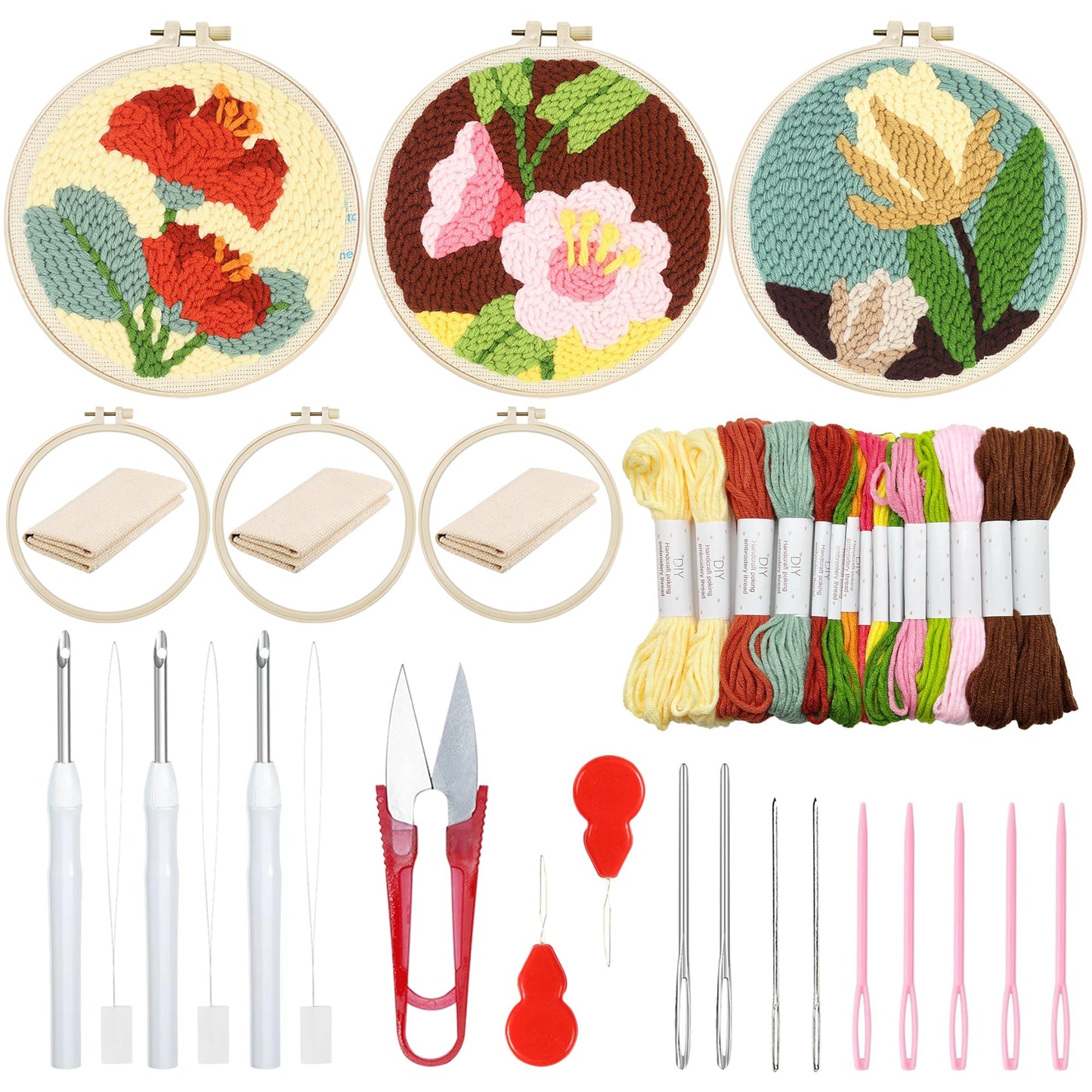 Woohome Punch Needle Kit Included Plastic Hoops, Punch Needle Cloth, Color Yarn and Punch Needle Tools for Adults, Beginners (Red, Pink and Yellow Flowers)