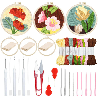 Woohome Punch Needle Kit Included Plastic Hoops, Punch Needle Cloth, Color Yarn and Punch Needle Tools for Adults, Beginners (Red, Pink and Yellow Flowers)