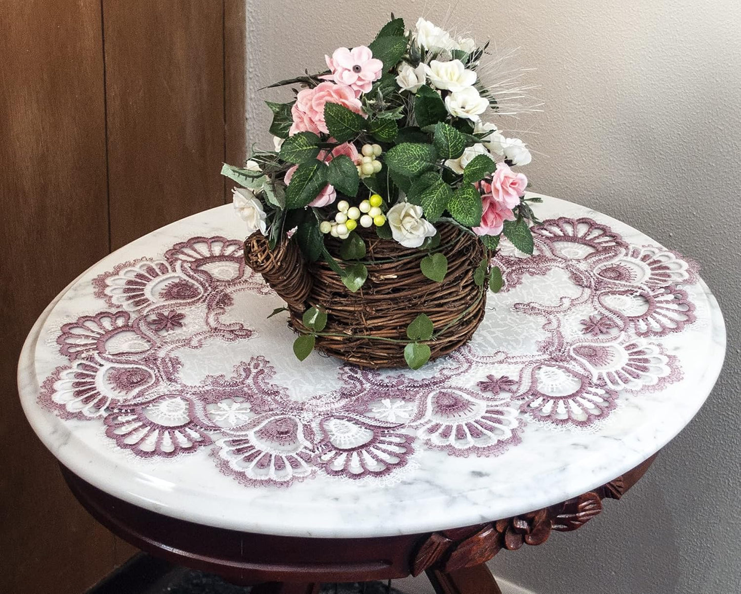 White Mauve Rose Jacquard Lace Doily, Placemats, Dresser Scarf, Table Runner Set of 2 (14Wx21L)