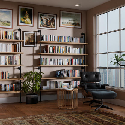 Wallniture 60" Long 5 Shelf Bookcase with 9.25" Deep and 1.5" Thick Real Solid Wood Boards, Standing Bookshelf with Pipe Style Wall Support - 5 Tier - Burnt