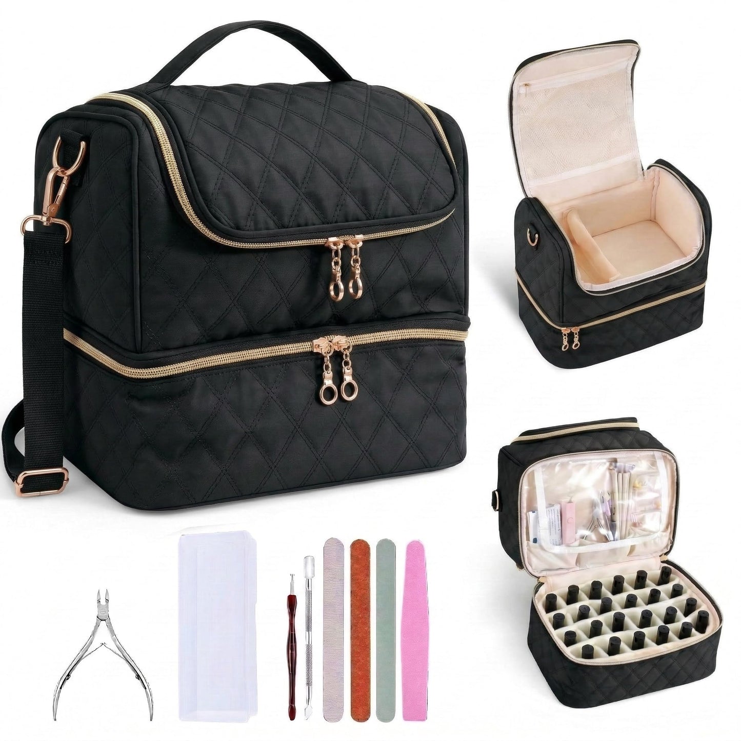 BAGCRAZY Nail Polish Organizer Case, Double Layer Nail Supplies Storage Bag holds 24 Bottles & UV/LED Lamp, Quilted Portable Manicure Travel Case with 8 Pcs Tools, for Nail Tech, Home & Salon, Black