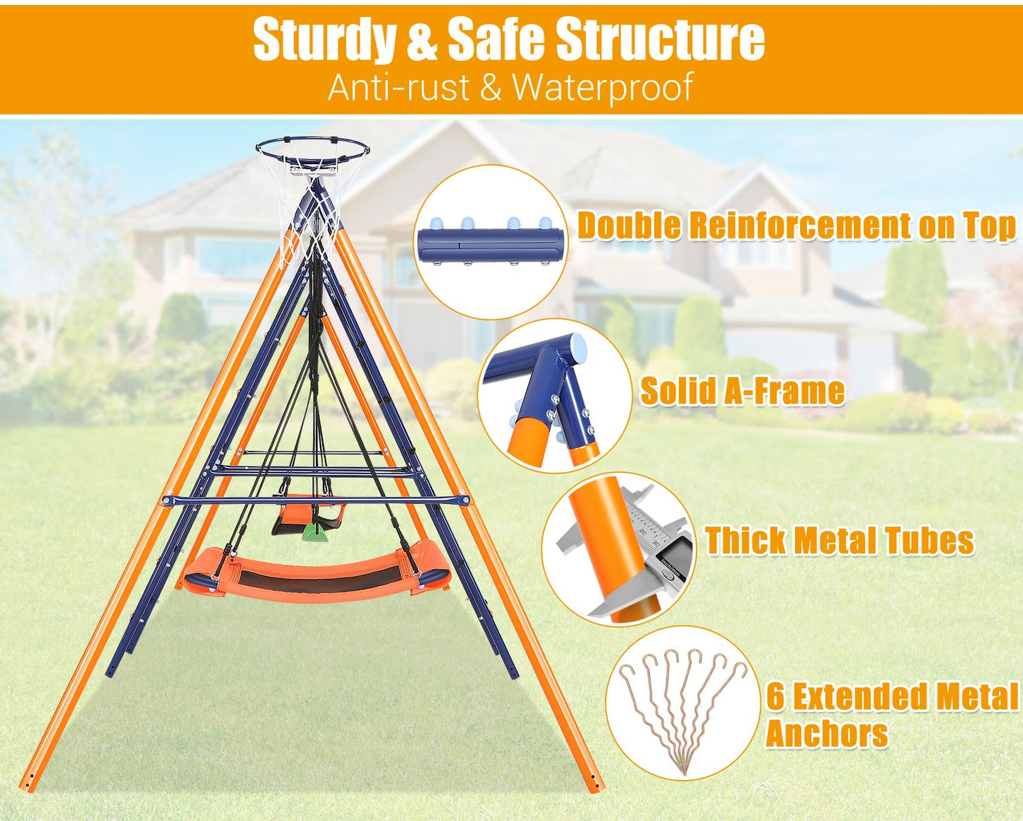 Swing Sets for Backyard 700 lbs - 6 in 1 Multifunction Swing Set Outdoor for Kids Playground, Larger Heavy Duty Metal Swing Stand with 3 Adjustable Swings, Climbing Ladder and Net, Basketball Hoop