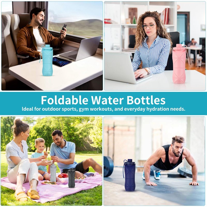 YCTMALL Silicone Collapsible Water Bottles,Lightweight Reusable Leakproof For Traveling Camping Hiking Cycling Sports Outdoor,Foldable Portable Travel Water Bottle 600ML Dark Grey And Purple 2Pack.